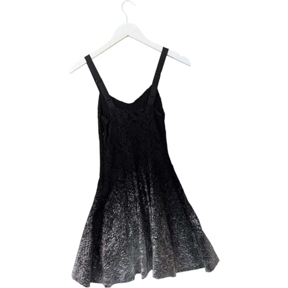 Free people mini dress black lace‎ Ombré silver Foil metallic xs